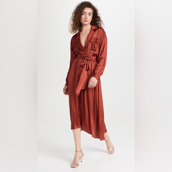 MISA Blair Dress Burnt Orange Satin Midi Long Sleeve Open Back Belted XS NWT - Picture 2 of 14